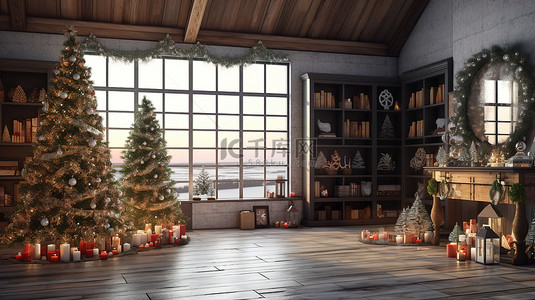 圣诞房间壁炉背景图片_节日假期房间装饰精美的空间的 3D 渲染