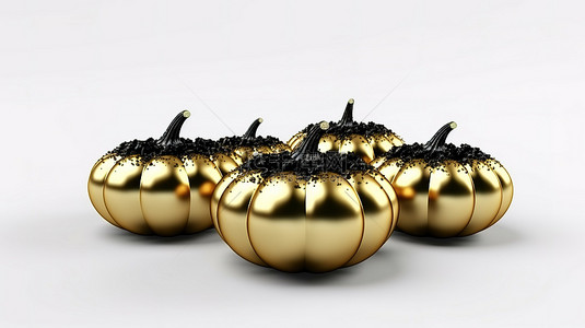 白色背景上闪亮的金色南瓜和黑色球体，用于秋季庆祝活动或通过 3D 渲染创建的促销活动