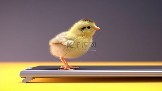 跑步机上一只可爱小鸡的 3d 渲染