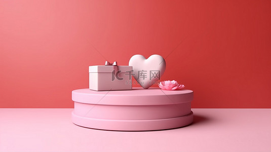 非常的漂亮背景图片_漂亮的粉红色 3D 渲染礼品盒和演示台上的心，非常适合母亲节情人节和生日