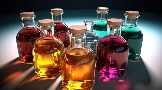 生物化学实验室背景图片_用于实验室实验和细菌学 3D 渲染的化学容器中的各种彩色液体