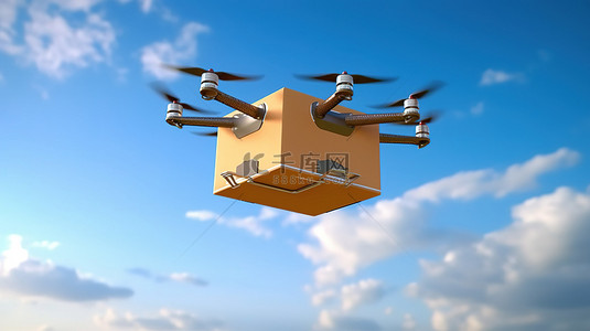 蓝天背景下运送披萨盒的空中无人机的 3D 渲染