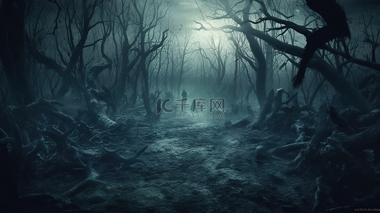闹鬼森林的怪诞奇幻景观 3D 插图