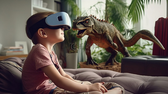 在家视频背景图片_孩子使用 VR 眼镜在家玩 3D 恐龙视频游戏