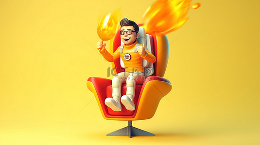 创业融资计划书背景图片_火箭驱动的自由职业者卡通人物在椅子上翱翔，以 3D 插图描绘创新和创业理念