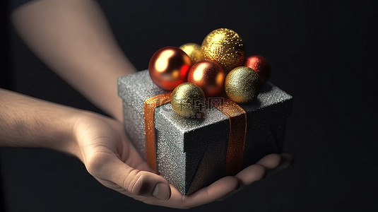 红色手提礼盒背景图片_节日演示 3D 渲染的手提供带装饰球的圣诞礼品盒