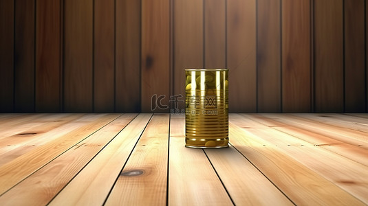 可定制的橄榄油罐在木质背景 3D 渲染上