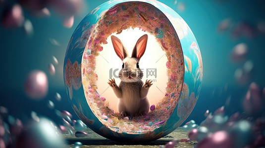复活节兔子耳朵从蛋形孔中窥视的 3d 渲染