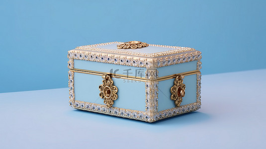 柔和的蓝色背景中华丽的配件宝盒 3D 渲染珠宝存储