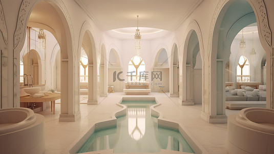 美容背景图片_土耳其浴室的当代诠释 3D 设计和渲染