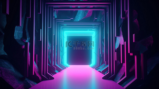 宇宙景观一个长方形的入口，在 3d 渲染的抽象背景中用粉红色和蓝色的霓虹灯照亮
