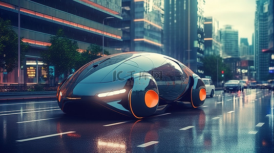 巡航通过元宇宙城市的未来车辆的 3D 渲染