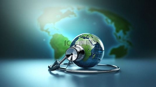 地球仪背景图片_与 3D 渲染的医生和听诊器庆祝世界卫生日的重要联系