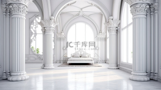 优雅背景图片_白色卧室的 3D 渲染，配有豪华的印度拱门装饰优雅的多立克柱和优雅的白色大理石地板