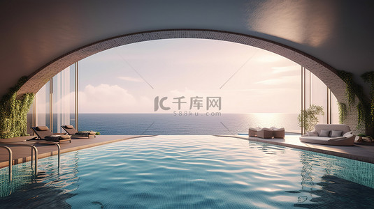 旅游酒店背景图片_豪华海滨酒店休息室和泳池以 3D 形式呈现