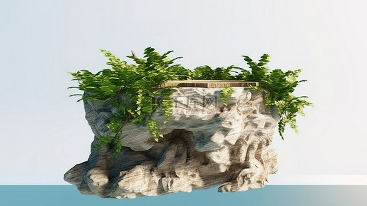 水生态背景图片_海洋 3D 渲染产品展示天然生态岩石讲台，绿叶茂盛