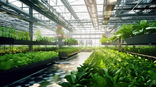 农作物蔬菜背景图片_用于室内蔬菜生产的大型水培温室的宽敞内部，具有现代混凝土地板 3D 渲染