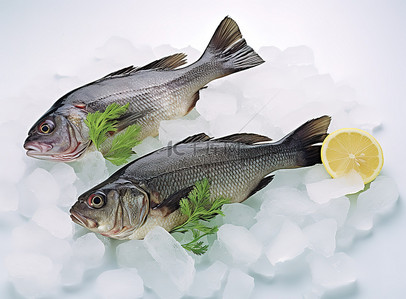 三条冷冻鱼放在冰上