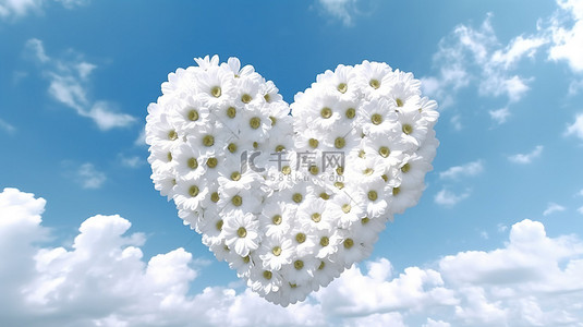 盛开的白色花朵背景图片_盛开的白色花朵在 3D 渲染的天空背景下形成心形