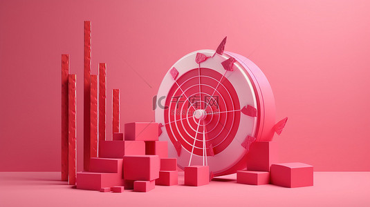 实现投资目标 3D 渲染带有箭头的红色靶心和带有硬币的粉红色背景上的增长图表