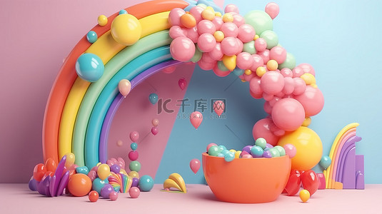 通过 3d 渲染创建的彩色彩虹拱门装饰着糖果气球背景