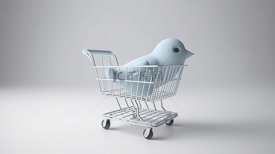 创意营销概念 3D twitter 标志在类似设计的购物车上，具有白色表面渲染