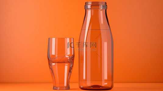 饮品背景图片_橙色背景下玻璃水瓶和玻璃的 3d 渲染