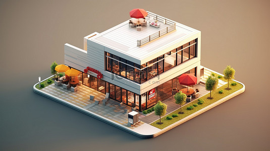 汉堡店背景图片_以汉堡餐厅为特色的等距视图中极简主义集装箱商店外观的 3D 渲染