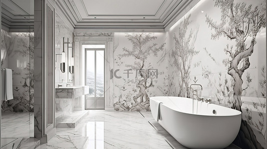 现代浴室配有豪华瓷砖和东方墙壁装饰，3D 渲染