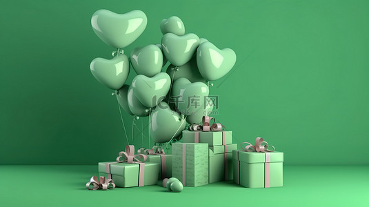 情人节礼物背景图片_充满爱的情人节礼物盒心形气球和绿色背景的 3d 渲染