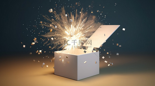 用于商业设计的爆炸性 3D 渲染场景中，空白凭证从打开的礼品盒中爆出