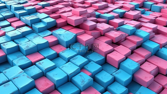 蓝色和粉红色色调的砖背景的 3D 渲染