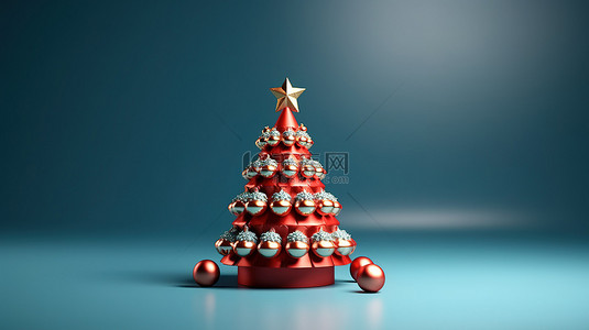 圣诞快乐红背景图片_永恒的蓝色背景上的喜庆红色圣诞树，有充足的复制空间，庆祝圣诞快乐和新年快乐3D 渲染