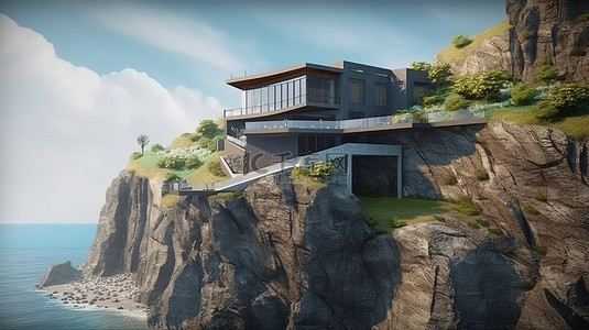 酒店背景图片_建筑奇迹令人惊叹的 3D 渲染，坐落在山崖上的海滨别墅