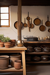 一个小厨房，柜台上有木锅和盘子