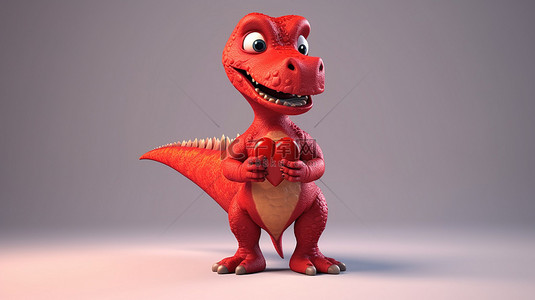 可爱的 3d 红色恐龙微笑着抱着一颗心
