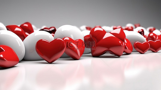 情人节白色爱心背景图片_充满活力的红心背景与 3D 渲染中描绘的空白白色背景交织在一起