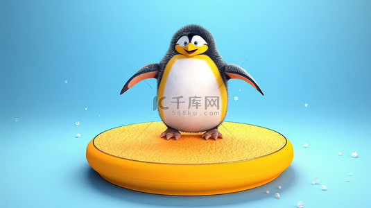 丰满的企鹅在蹦床上弹跳 3d 渲染
