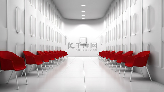 等候室中一把红色椅子被白色椅子包围的 3D 渲染
