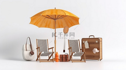 海滩场景 3d 渲染木板与伞椅救生圈和手提箱在白色背景