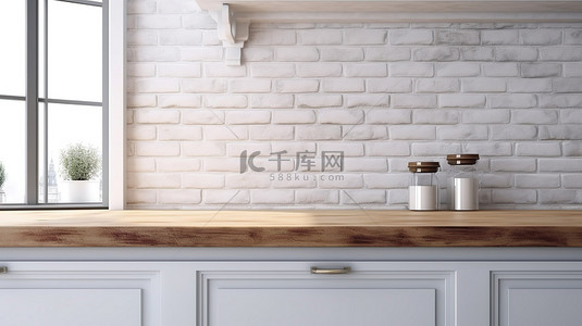 空厨房柜台上带有裸露砖墙的前视大理石台面的 3D 渲染