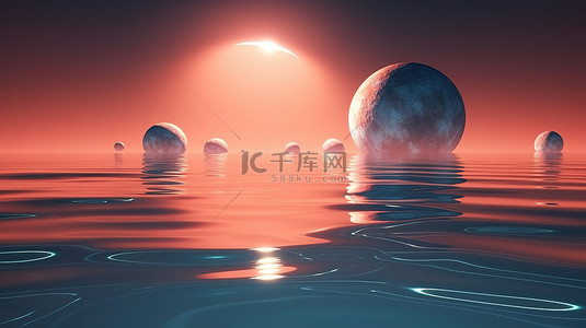 复古未来派月光水反射背景的 3D 渲染