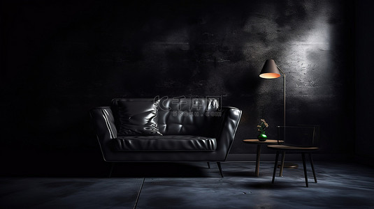 昏暗小巷背景图片_光线昏暗的房间的 3D 渲染，配有黑色沙发椅