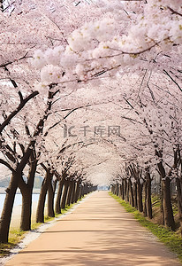 盛开的樱花树在秋天的花蕾中排列出一条小路