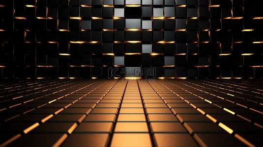 黑网格背景图片_3D 渲染的黑色瓷砖墙，带有凹进空间并发出金色光芒