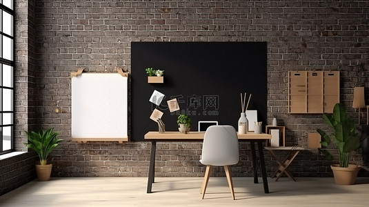 板砖背景图片_现代工作空间，以砖墙上的布告板和办公桌必需品 3D 渲染为特色