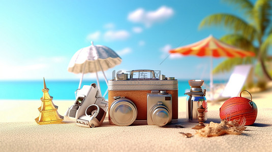 海滩沙滩背景图片_暑假逃生的渲染 3D 概念