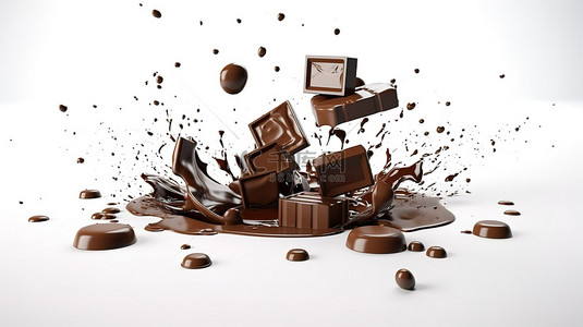 巧克力在白色背景上以 3D 渲染凭空出现
