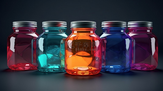 五个半透明玻璃罐，盖子颜色鲜艳，3D 插图