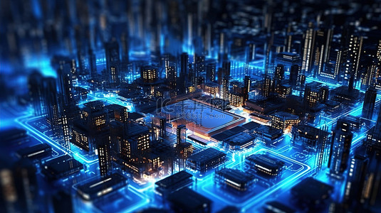 数据电子背景图片_未来城市景观的机械化抽象电路板中发光的 3D 渲染芯片